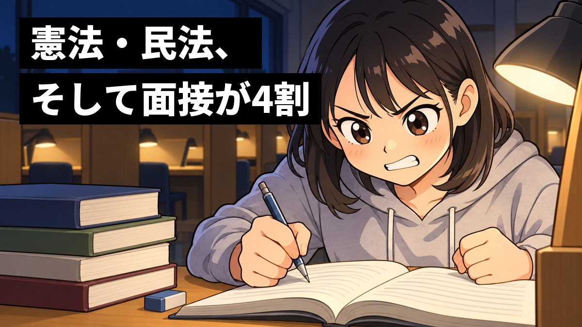 夜の大学の自習室で、パーカーの女子大学生が、分厚い法律の問題集を前に、解けない問題に悔しくて歯を食いしばっている。「憲法・民法、そして面接が4割」の文字。