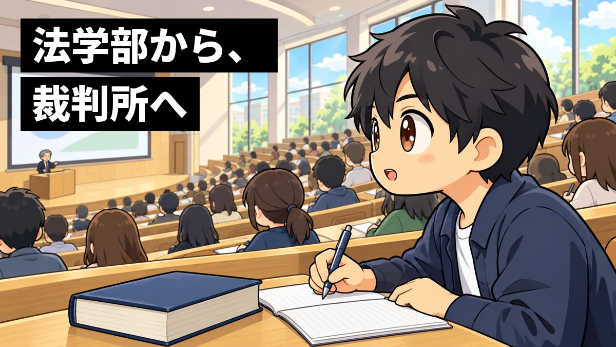 大学の大きな階段教室で、紺のジャケットの男子大学生が、法律の講義にのめり込んで身を乗り出し、ノートを取っている。「法学部から、裁判所へ」の文字。