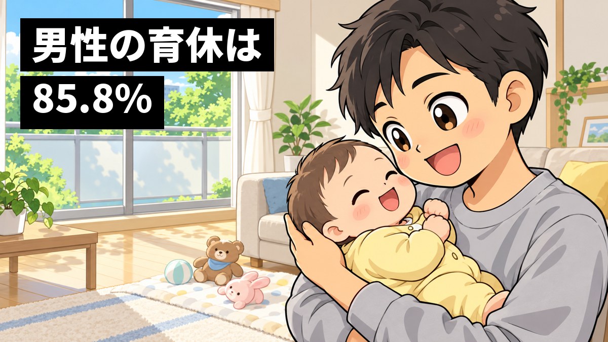 明るいリビングで、育児休業中の若い男性の裁判所職員が、赤ちゃんを抱いて心からの笑顔を向けている。「男性の育休は85.8%」の文字。