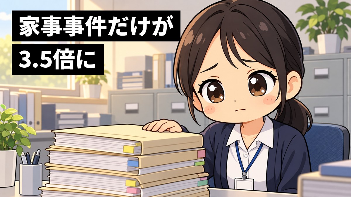 家庭裁判所の事務室の机で、紺のカーディガンの若い女性の職員が、積み上がった家族の事件の記録の束を見つめて、胸を痛めるように眉を下げている。「家事事件だけが3.5倍に」の文字。