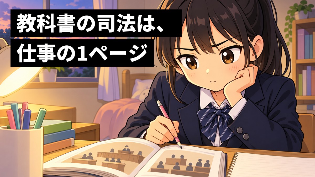 家の机で、紺のブレザーの中学生の女子が、公民の教科書の裁判のページを前に、難しい判断に迷って眉を下げて考え込んでいる。「教科書の司法は、仕事の1ページ」の文字。