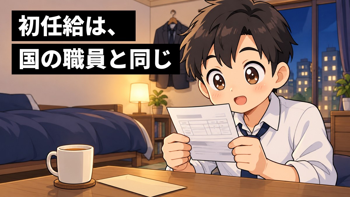 ひとり暮らしの部屋の小さなテーブルで、白いシャツの新人の男性職員が、初めての給料明細を両手で持って目を輝かせてのぞきこんでいる。「初任給は、国の職員と同じ」の文字。