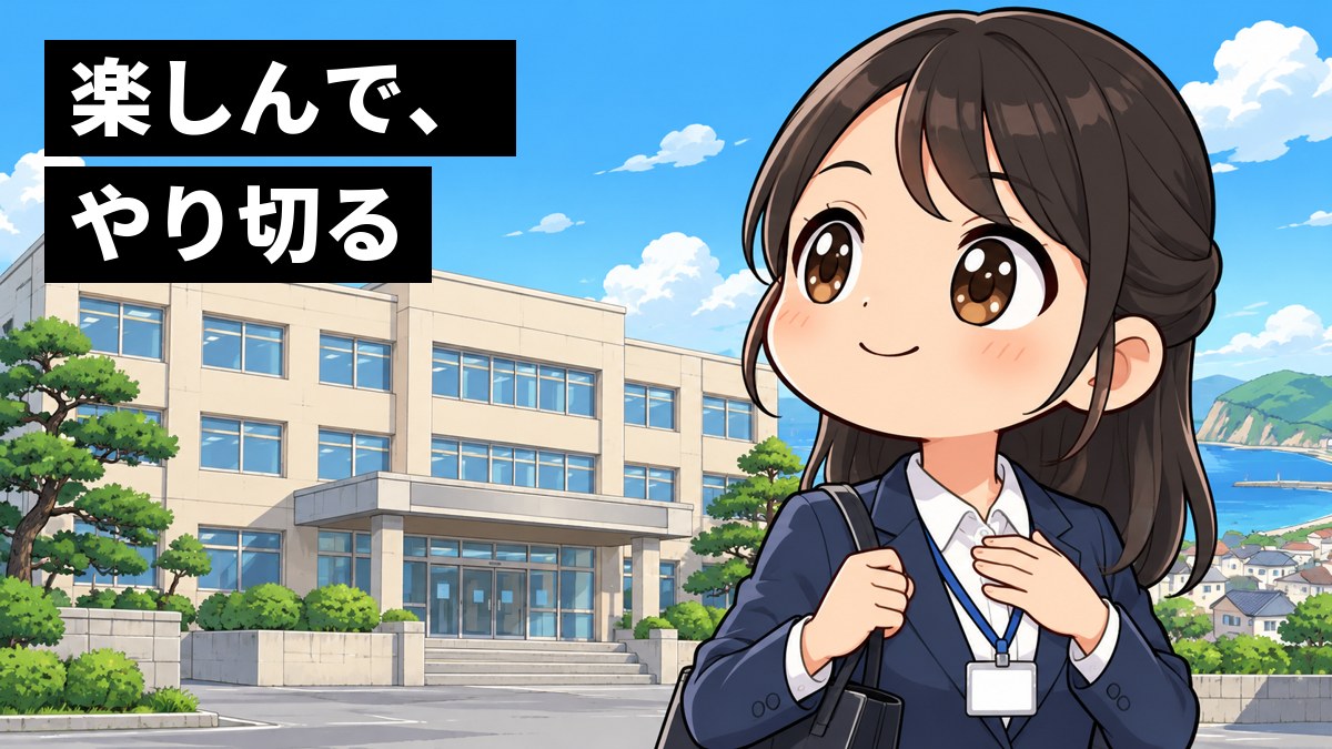 晴れた日の地方の裁判所の建物の前で、紺のスーツの若い女性の新人職員が、建物を見上げて胸を張り、誇らしげに目を輝かせている。「楽しんで、やり切る」の文字。