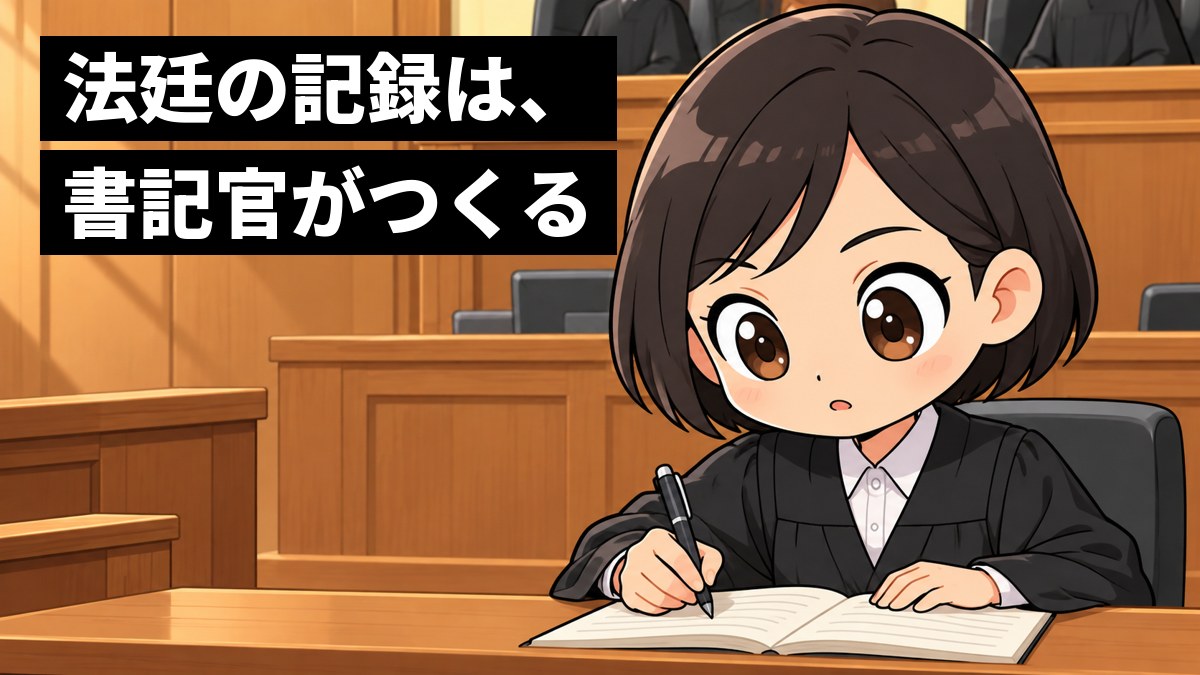 法廷の裁判官席の前の低い書記官席で、黒い法服の若い女性の書記官が、記録を書くことに没頭して目を輝かせている。「法廷の記録は、書記官がつくる」の文字。