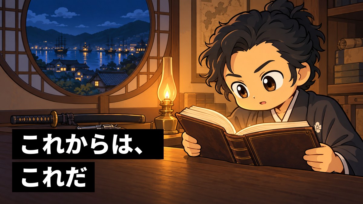 長崎の夜の部屋で、ランプの灯りの下、分厚い洋書を夢中で読みふける坂本龍馬。机の端には刀と短銃が置かれている。「これからは、これだ」の文字。