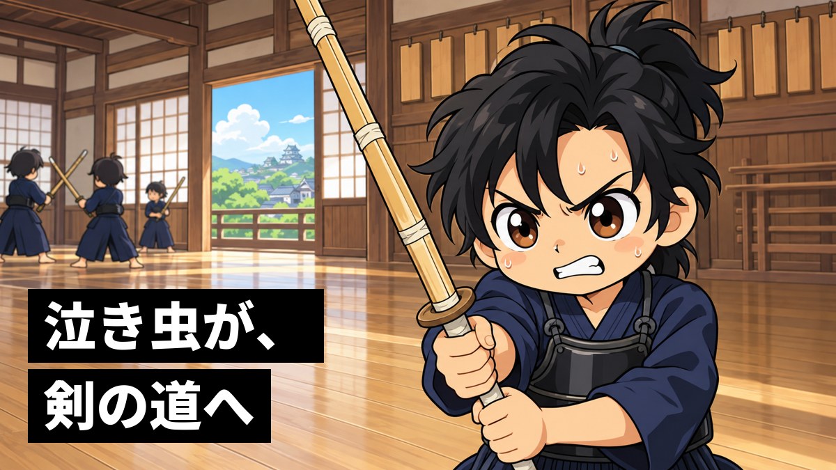 江戸の剣術道場で、防具をつけて竹刀を構え、悔しそうに歯を食いしばって汗をにじませる17歳ごろの坂本龍馬。「泣き虫が、剣の道へ」の文字。