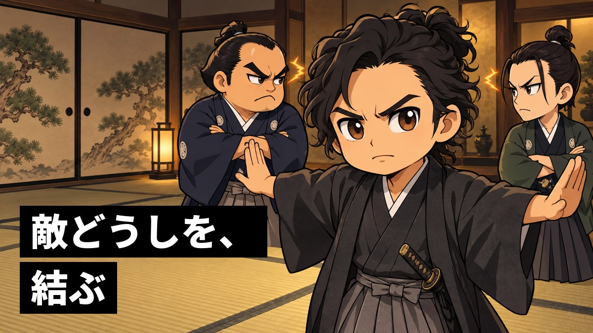 京都の屋敷の一室で、腕を組んでにらみ合う2人の武士の間に入り、眉を寄せて真剣な顔で両手を広げる坂本龍馬。「敵どうしを、結ぶ」の文字。