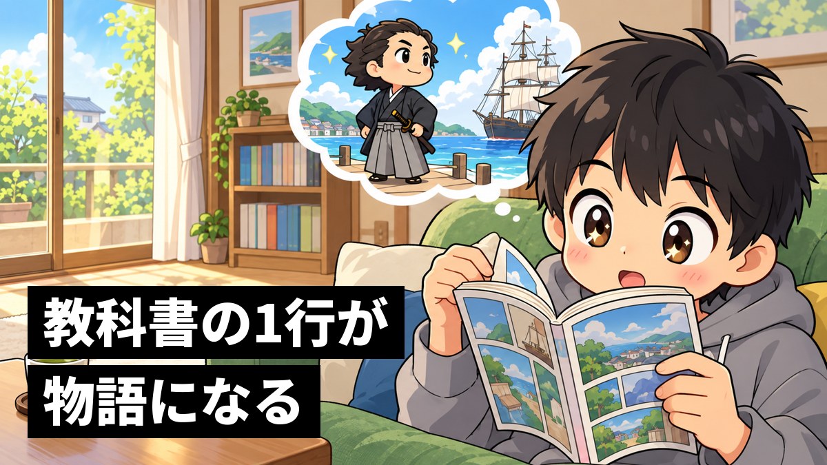 家のリビングのソファで、私服の男子中学生が漫画に夢中になり、目を輝かせてページをめくっている。頭の上には幕末の武士と帆船の場面が浮かぶ。「教科書の1行が、物語に」の文字。