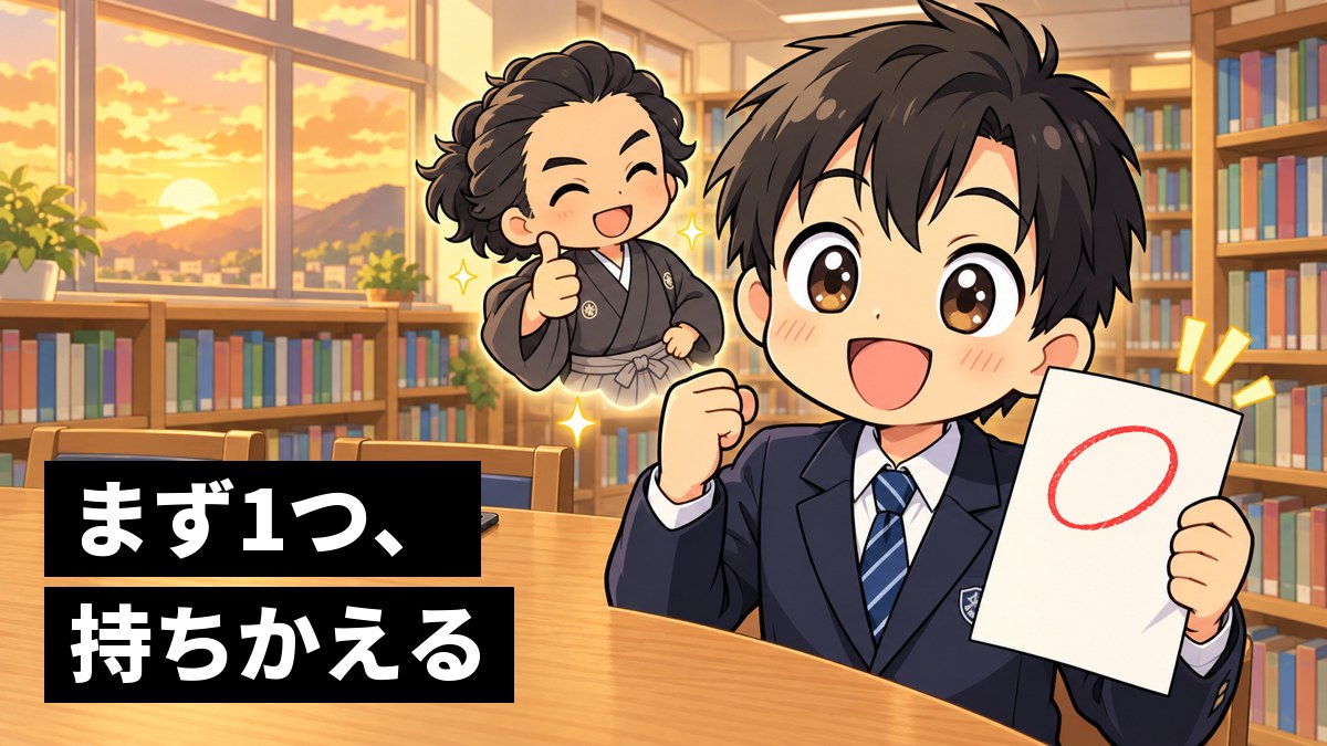 放課後の学校の図書室で、点数の上がった小テストを掲げてぱっと笑う館山中の制服の男子中学生と、その横で親指を立てる小さな坂本龍馬。「まず1つ、持ちかえる」の文字。