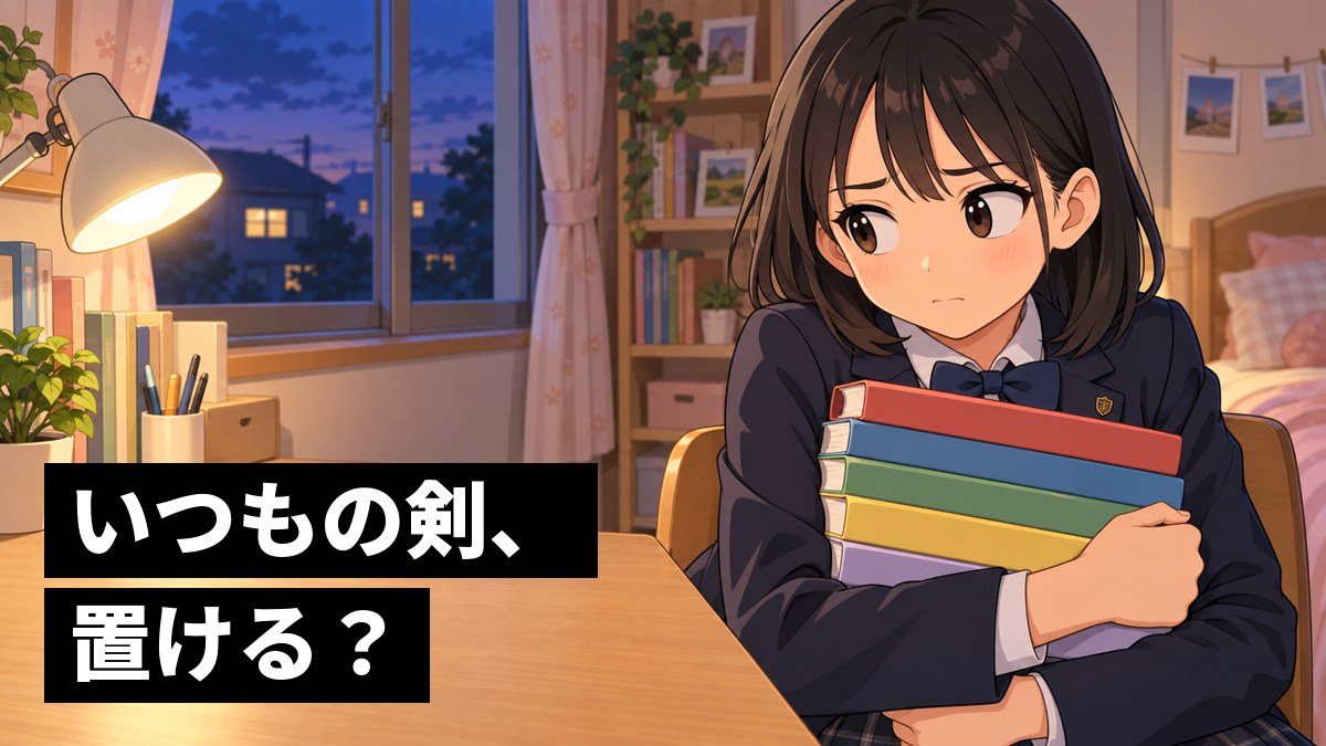 自分の部屋の机で、何冊もの分厚いまとめノートを胸に抱え、眉を下げて迷う館山中の制服の女子中学生。机の上には一問一答の小さなカード。「いつものやり方、置ける?」の文字。