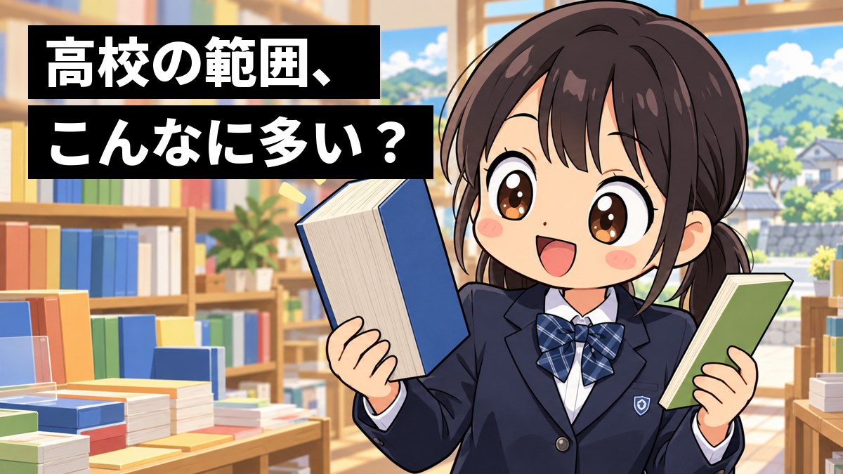 本屋の参考書コーナーで、中学3年生の女子が薄い中学の教科書と分厚い高校数学の参考書を見比べ、目を丸くしながらもワクワクした顔をしているイラスト。「高校の範囲、こんなに多い?」の文字。
