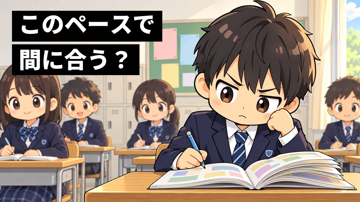 中学校の教室の授業中、中学2年生の男子が教科書の先のページを開いたまま、授業のペースにもどかしそうな顔をしているイラスト。「このペースで間に合う?」の文字。
