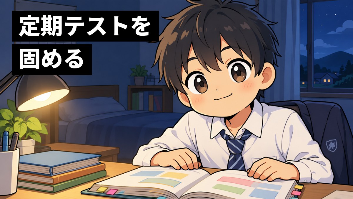 夜の自分の部屋の勉強机で、中学2年生の男子が付箋だらけの問題集をやり切り、ほっとした笑顔を浮かべているイラスト。「定期テストを固める」の文字。