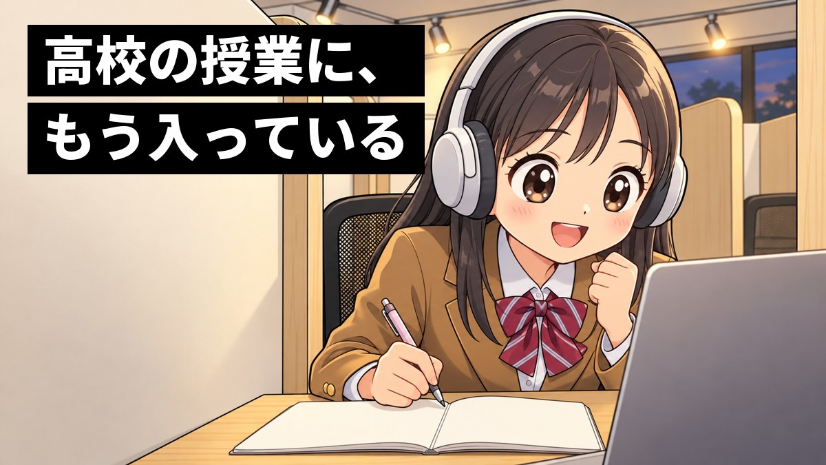 塾の自習ブースで、中学2年生の女子がヘッドホンをして映像授業に夢中になり、目を輝かせてノートを取っているイラスト。「高校の授業に、もう入っている」の文字。