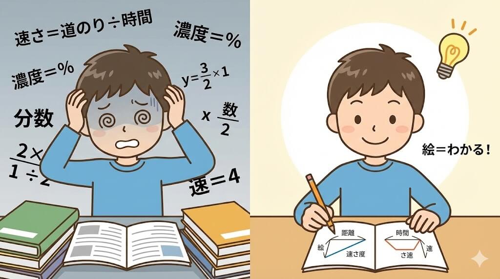 公式をたくさん覚えて頭を抱える子どもと、絵を描いて「わかる」と笑顔になる子どもを並べたイラスト