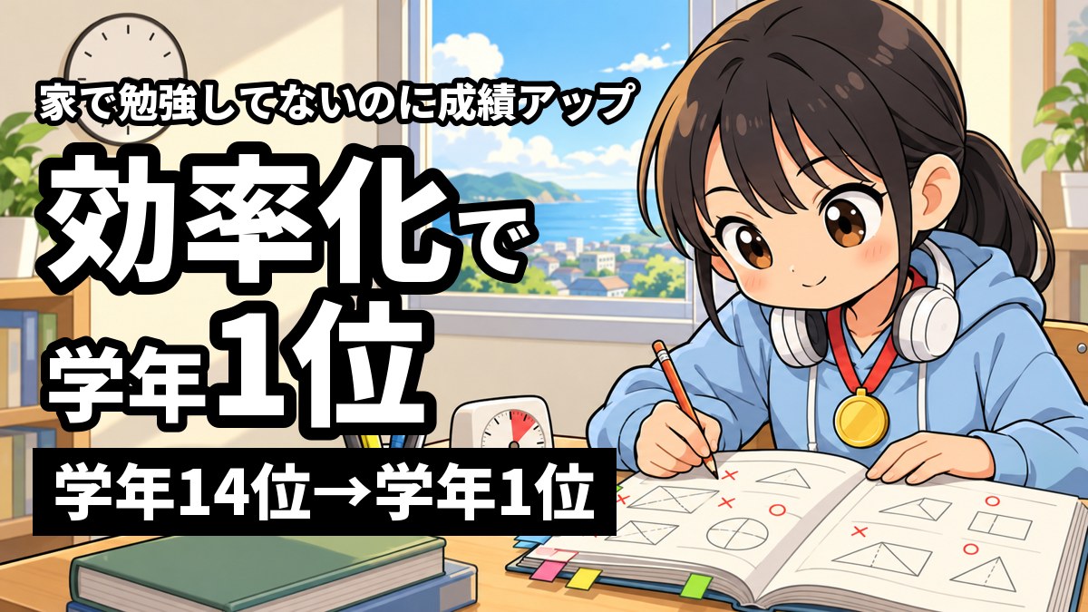授業が始まる前の塾の机で、私服の中学生の女子が、首にヘッドホンをかけたまま、✕の付いた問題にだけ付箋を貼った学校のワークを手早くやり直しているイラスト。胸には金メダル。「家で勉強してないのに成績アップ」「効率化で学年1位」「学年14位→学年1位」の文字。