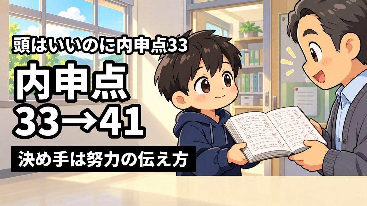 放課後の職員室の入口で、私服の中学生の男子が、びっしり書きこんだ学校のワークを両手で先生に差し出し、受け取った先生が感心しているイラスト。「頭はいいのに内申点33」「内申点33→41」「決め手は努力の伝え方」の文字。