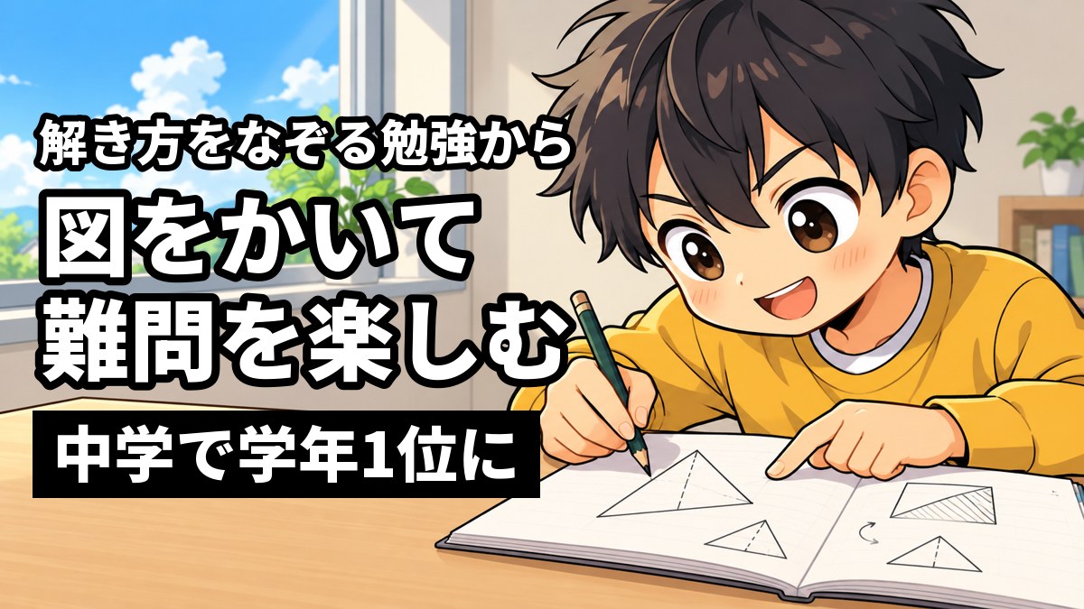 塾の机で、私服の中学生の男子がノートに図形の図を夢中でかきながら難しい問題を考え、目を輝かせて笑っているイラスト。「解き方をなぞる勉強から」「図をかいて難問を楽しむ」「中学で学年1位に」の文字。