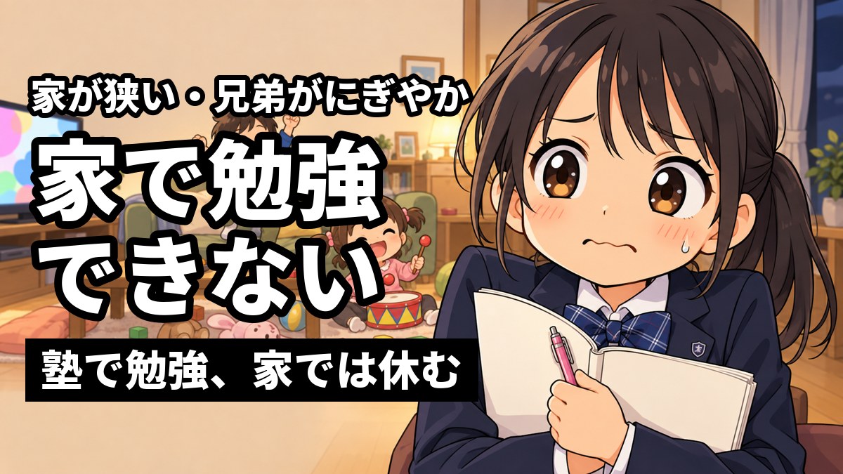 にぎやかな家のリビングで、制服の中学生が弟や妹に囲まれて困った顔で問題集を抱えているイラスト。「家が狭い・兄弟がにぎやか」「家で勉強できない」「塾で勉強、家では休む」の文字。