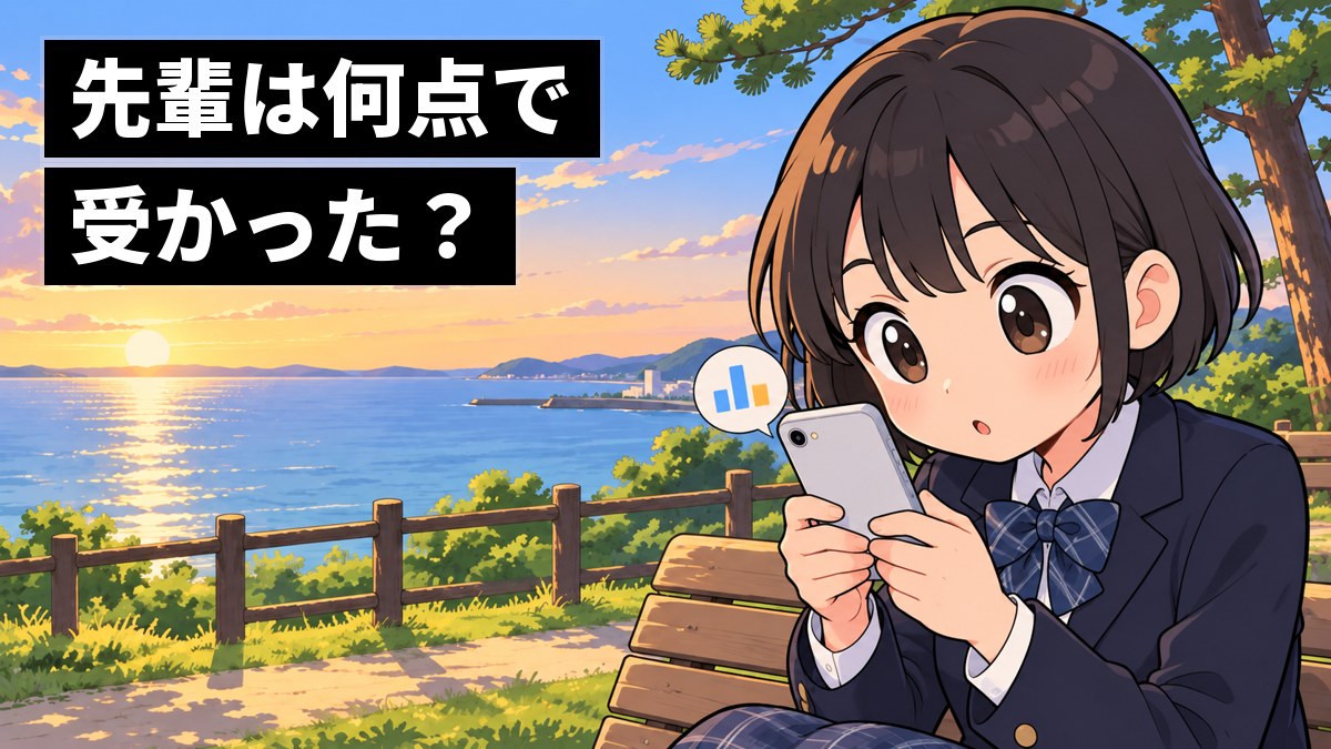 放課後の公園のベンチで、中学2年生の女子がスマートフォンの学習サイトで先輩の成績のグラフを見て、目を見開いて見入っている。「先輩は何点で受かった？」の文字