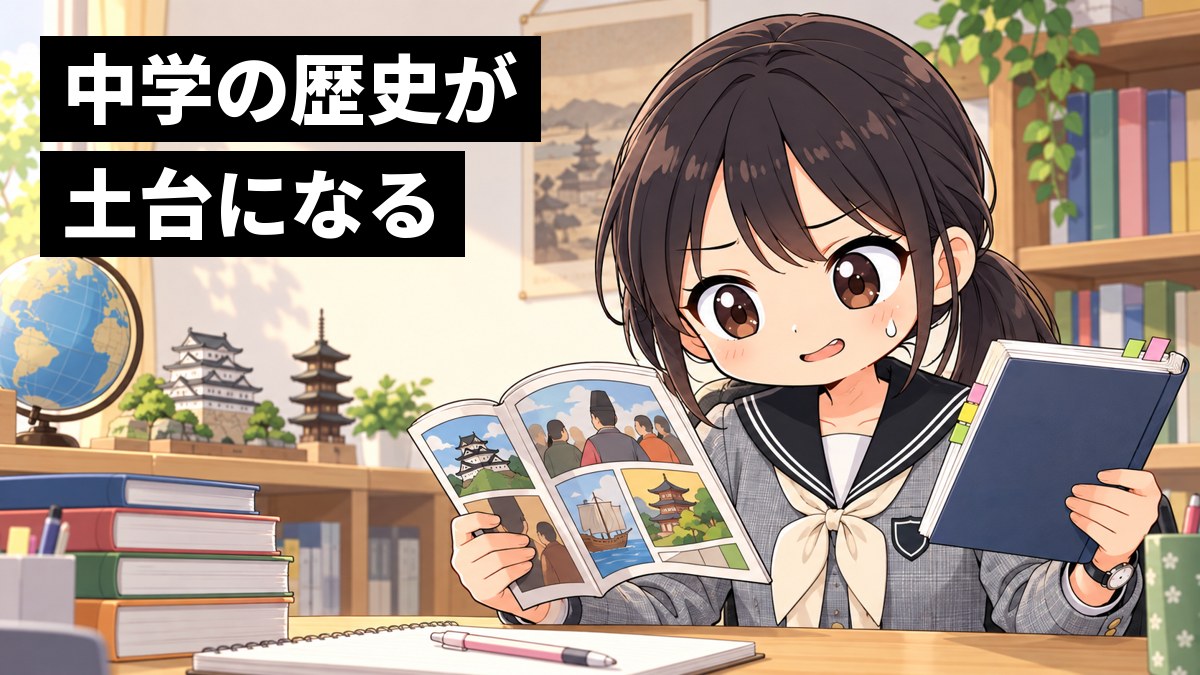 家の本棚の前で、翔凜高校の制服の女子が、中学のときに読んだ歴史マンガと高校の教科書を見比べ、流れがあいまいなことに気づいて眉を下げている挿絵。文字「中学の歴史が土台になる」