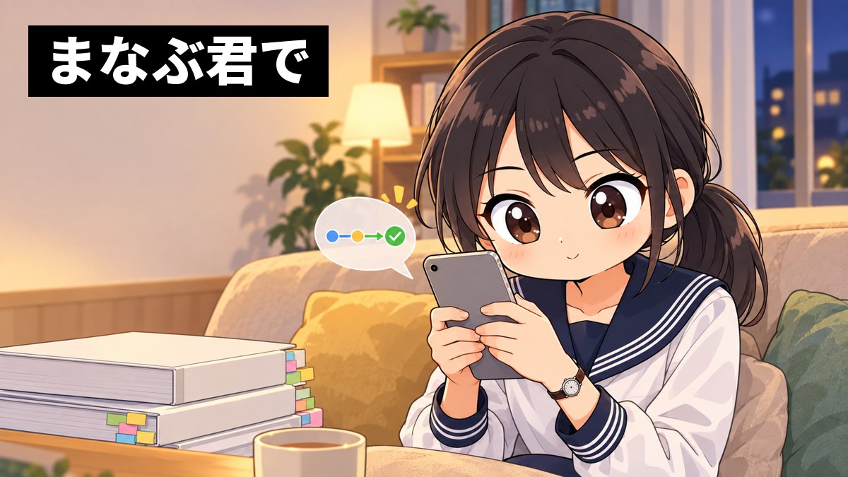 家のリビングのソファで、木更津高校の制服の女子が、スマホでまなぶ君の歴史の一問一答をテンポよく解き、楽しそうに集中している挿絵。画面は本人の方を向いている。文字「まなぶ君で」