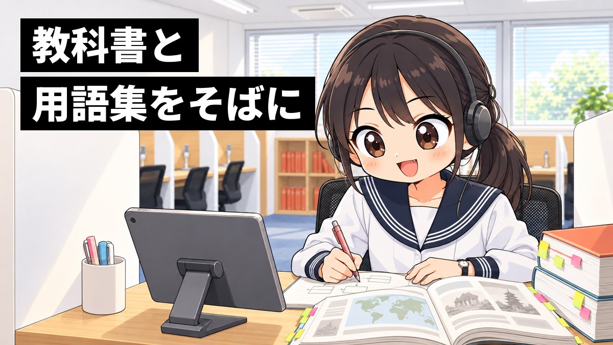 東進館山校の受講ブースで、木更津高校の制服の女子がヘッドホンで歴史の講座を受け、教科書と用語集を横に開いて夢中でメモを取っている挿絵。画面は本人の方を向いている。文字「教科書と用語集をそばに」
