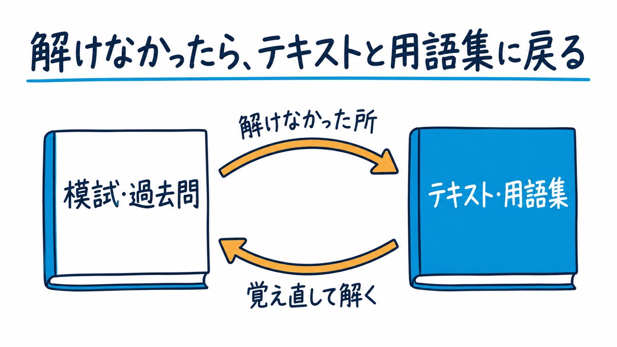 問題演習の往復の手描き図解。「模試・過去問」で「解けなかった所」は「テキスト・用語集」に戻り、「覚え直して解く」の往復。見出しは「解けなかったら、テキストと用語集に戻る」。