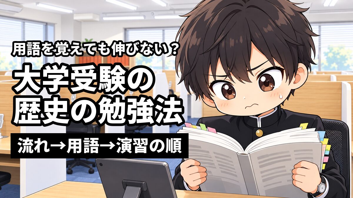 東進館山校で、安房高校の制服の男子が付箋だらけの歴史の用語集を開き、覚えても伸びないことに悩んで眉を寄せている。「用語を覚えても伸びない?」「大学受験の歴史の勉強法」「流れ→用語→演習の順」の文字。