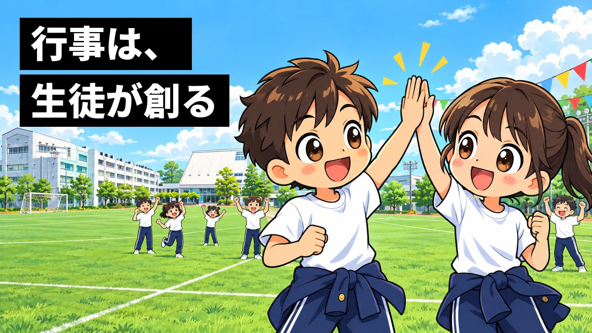渋幕のグラウンドで開かれたスポーツフェスティバル。紺のブレザーを腰に巻いた体操着姿の男子と女子が、ハイタッチして大喜びしている。「行事は、生徒が創る」の文字。