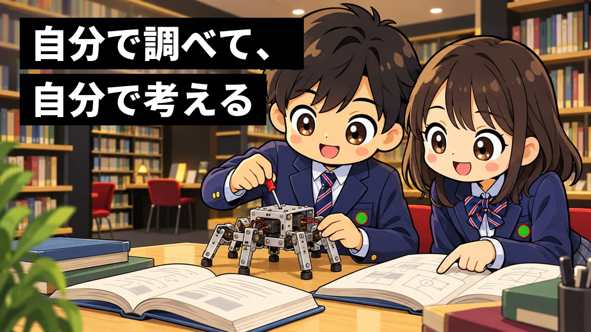 渋幕の図書館で、紺のブレザーの男子と女子が、本を広げて小さな六本足のロボットを囲み、目を輝かせて楽しそうに調べている。「自分で調べて、自分で考える」の文字。