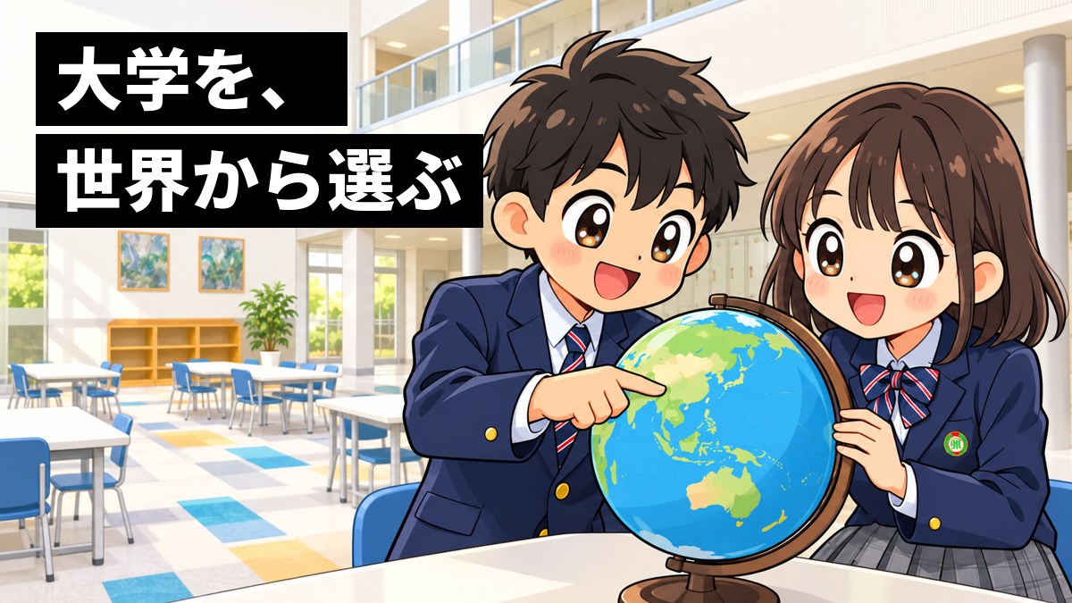 渋幕の中学棟ホールで、紺のブレザーの男子と女子が、大きな地球儀を囲んで行ってみたい国を指さし、大喜びしている。「大学を、世界から選ぶ」の文字。