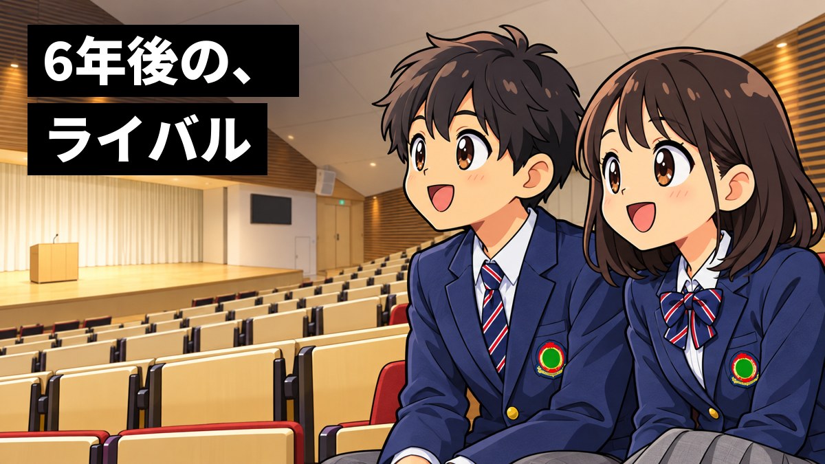 渋幕の講堂の客席で、紺のブレザーの男子と女子が、身を乗り出して楽しそうに話に聞き入っている。「6年後の、ライバル」の文字。