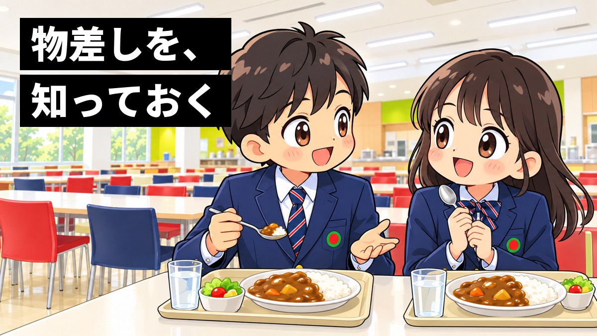 渋幕のカフェテリアで、紺のブレザーの男子と女子が、お昼を食べながら話が盛り上がり、大喜びしている。「物差しを、知っておく」の文字。