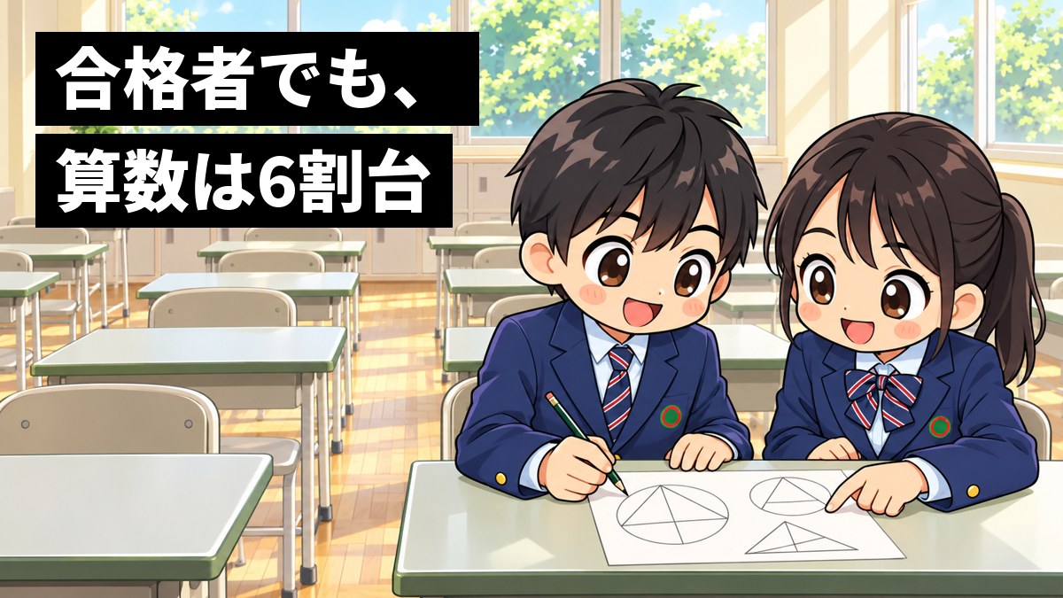 渋幕の教室で、紺のブレザーの男子と女子が、図形だらけの難しい問題のプリントをのぞきこみ、解き方をひらめいて目を輝かせている。「合格者でも、算数は6割台」の文字。