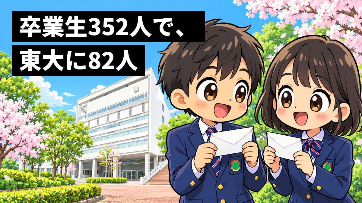 渋幕の白い校舎の前で、紺のブレザーの男子と女子が、手にした封筒を見せ合いながら、目を輝かせてワクワクしている。「卒業生352人で、東大に82人」の文字。