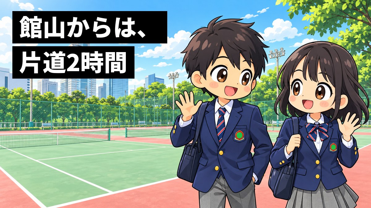 幕張の高層ビルが見える渋幕のテニスコートの横を、紺のブレザーの男子と女子が通学カバンを持って歩き、朝のあいさつで手を振り合っている。「館山からは、片道2時間」の文字。
