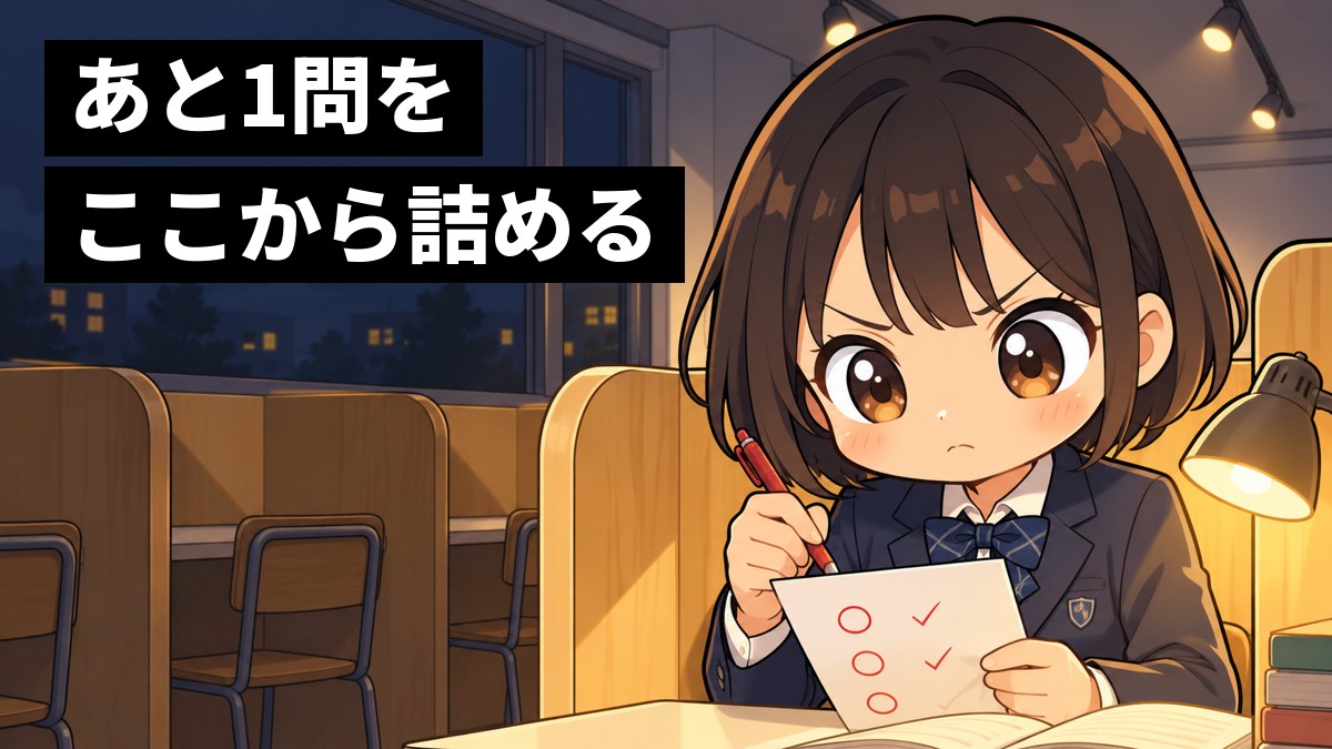 夜の塾の自習ブースで、中学3年生の女子が赤ペンを手に過去問の答案を胸の高さに持ち、口を固く結んで次の1問に向かっている。「あと1問をここから詰める」の文字