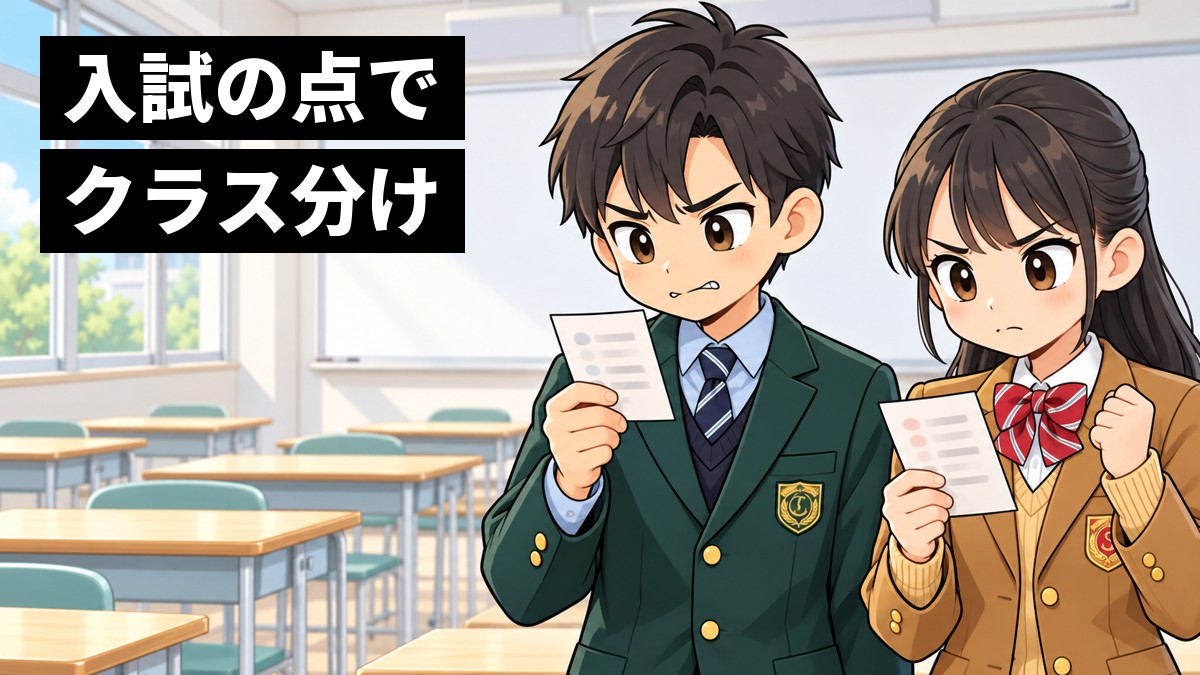 志学館高校の教室で、冬服の高校1年生の男女がテストの結果を手に、悔しさに唇をかみ、拳を握って次のクラス分けに向けて気合を入れている。「入試の点でクラス分け」の文字