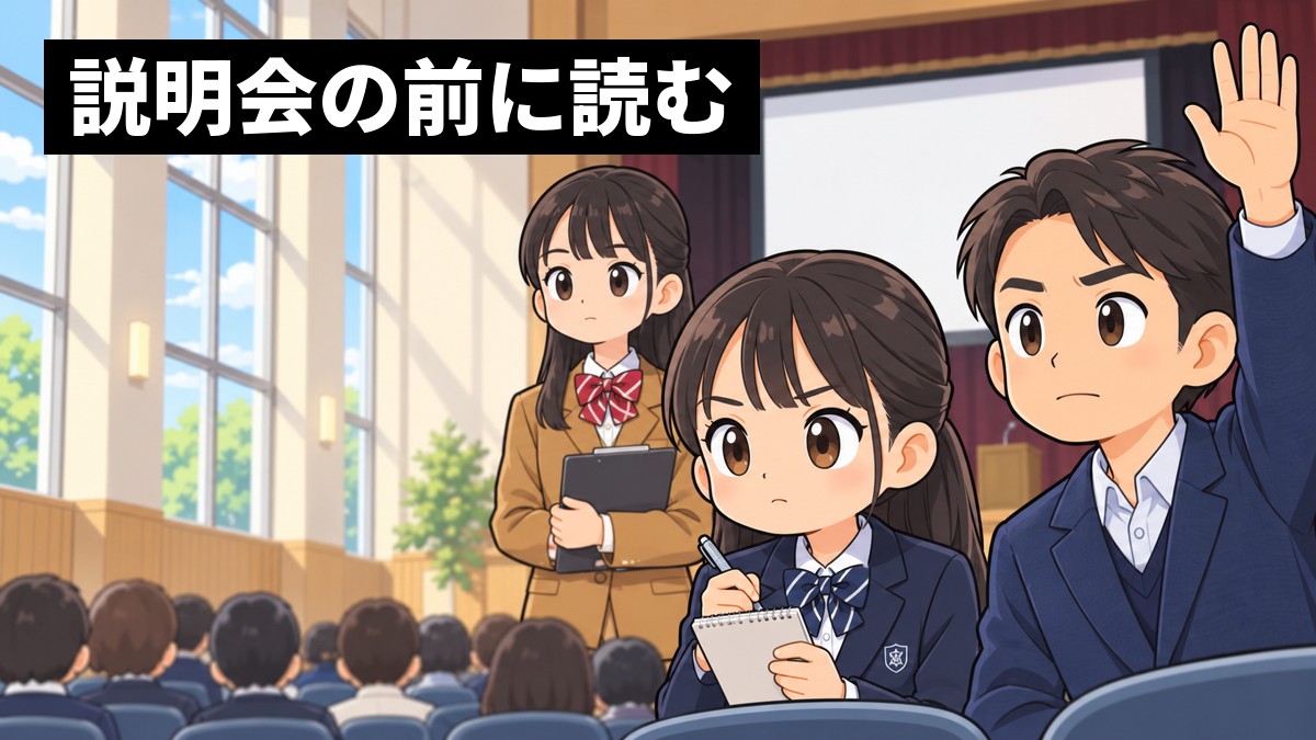 志学館高校の入試説明会で、父親が手を挙げて質問し、隣で中学3年生の娘が真剣な顔でメモを取っている。後ろに案内係の志学館高校の生徒が立っている。「説明会の前に読む」の文字
