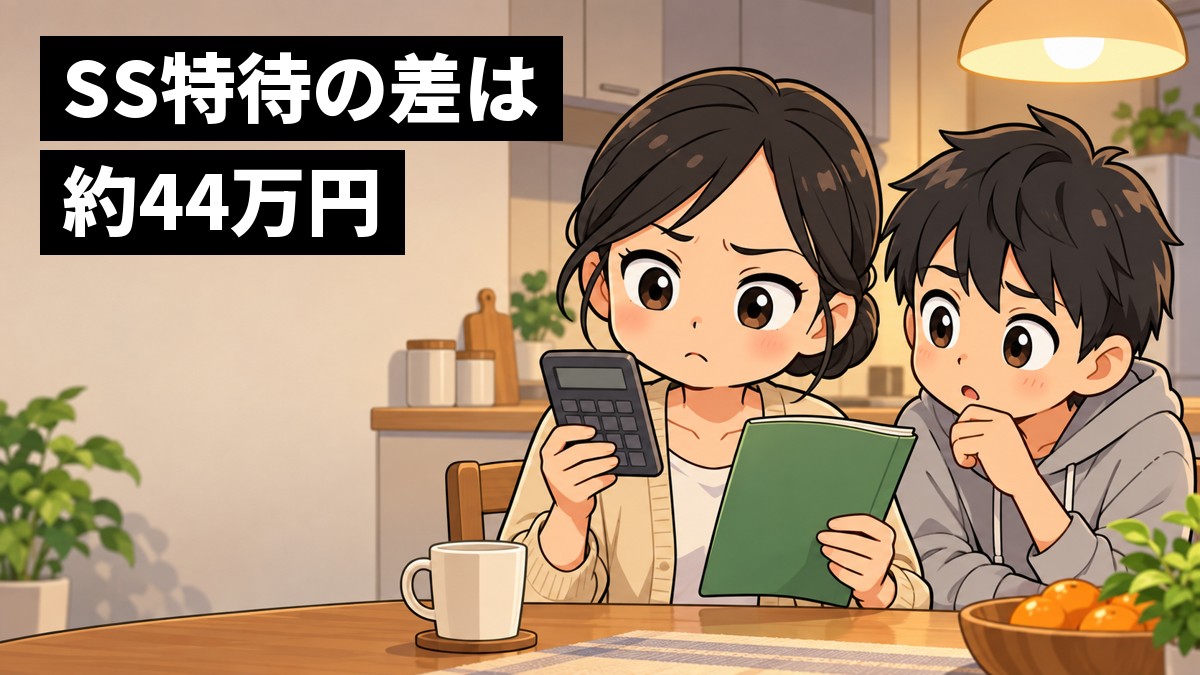 夜の自宅の食卓で、母親が電卓と高校の資料を手に眉を寄せて学費を計算し、隣で中学3年生の息子が心配そうにのぞき込んでいる。「SS特待の差は約44万円」の文字
