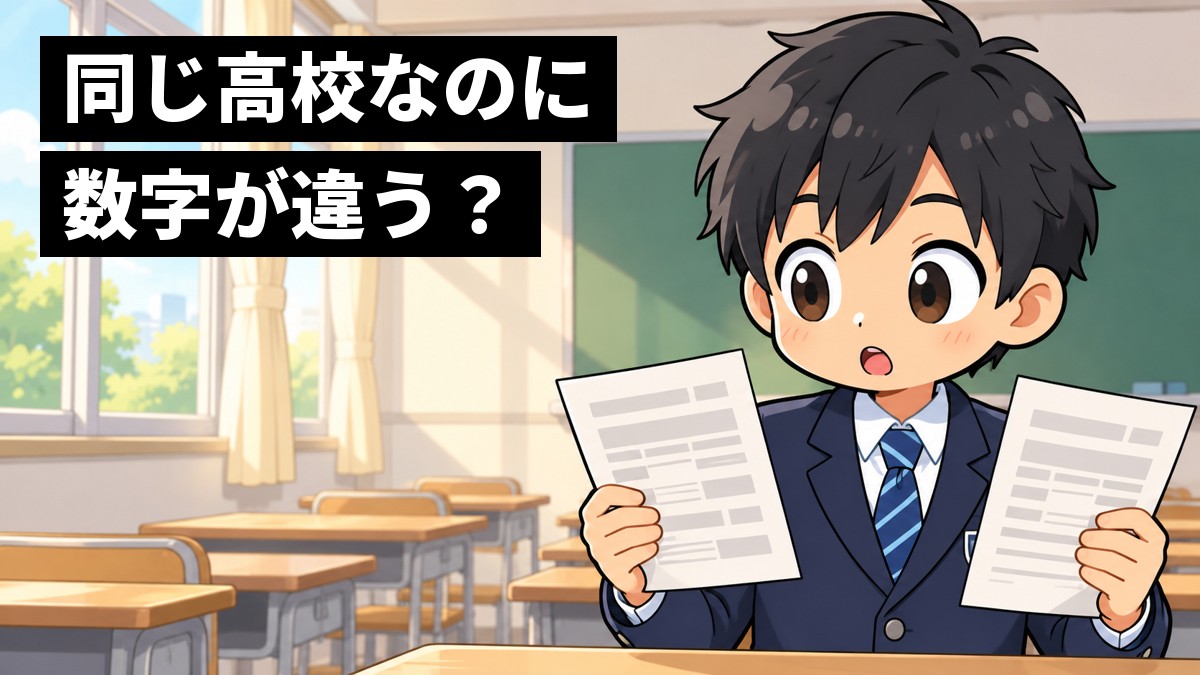 中学校の教室で、中学3年生の男子が左右の手に持った2枚の模試の成績表を見比べて、目を丸くしている。「同じ高校なのに数字が違う?」の文字