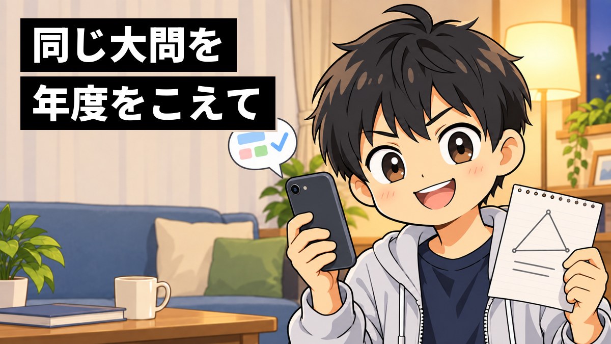 夜の自宅のソファで、中学3年生の男子がスマートフォンの学習サイトで過去問を解き、ノートに描いた図を手に得意げな顔をしている。「同じ大問を年度をこえて」の文字
