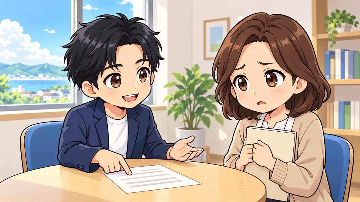 塾の面談スペースで、中学3年生の子どもの受験を心配した母親が眉を下げて不安そうに相談し、向かいの塾長が手元の資料を指して答えようとしているイラスト。