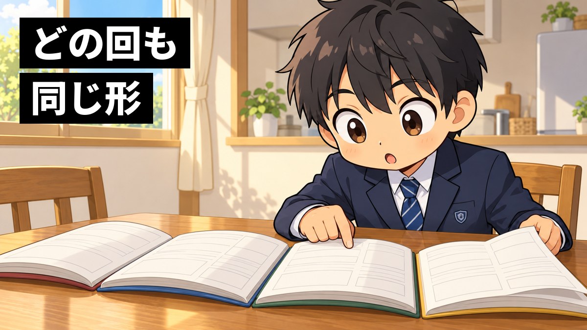 家のダイニングテーブルに厚い過去問集を何冊も開いて並べた館山中の制服の中学3年生の男子が、どの回も同じ形で出ていることに気づき、目を見開いているイラスト。「どの回も同じ形」の文字。