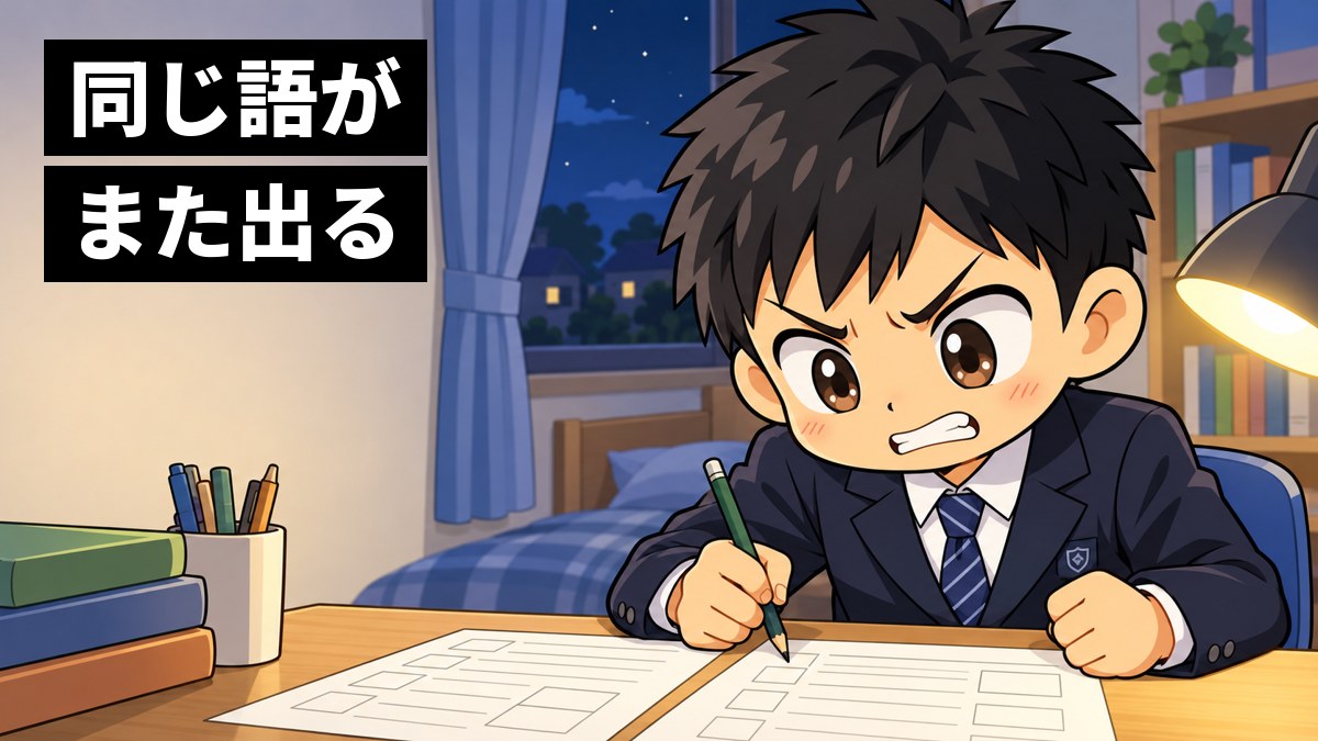 夜の自分の部屋の机で、館山中の制服の中学3年生の男子が前に覚えたはずの漢字が書けず、鉛筆をにぎりしめて悔しそうに歯を食いしばっているイラスト。「同じ語がまた出る」の文字。