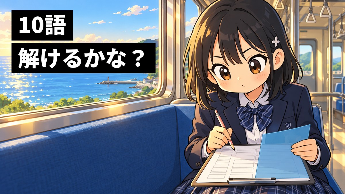 海の見えるローカル線の電車の座席で、館山中の制服の中学3年生の女子が下じきでプリントの答えを隠し、読めるか書けるかを試すのに夢中になっているイラスト。「10語解けるかな?」の文字。