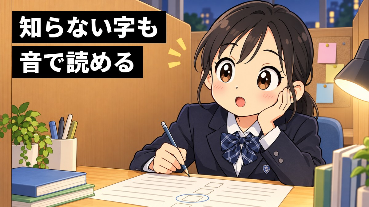 塾の自習ブースで、館山中の制服の中学3年生の女子が知らない漢字の一部に見覚えのある形を見つけ、読めると気づいて目を丸くしているイラスト。「知らない字も音で読める」の文字。