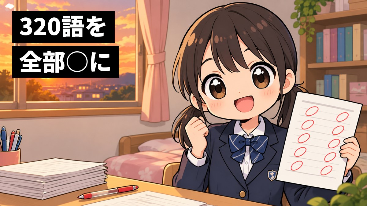 冬の夕方の自分の部屋で、館山中の制服の中学3年生の女子が全部○がついた漢字プリントを片手に掲げ、やり切った笑顔でガッツポーズをしているイラスト。「320語を全部○に」の文字。