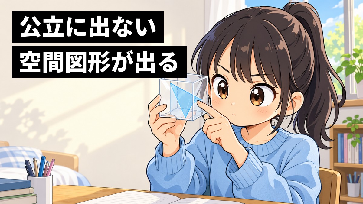 休日の自分の部屋で、中学3年生の女子が透明な立方体の模型を目の高さに持ち、切り口を指でなぞりながら空間図形の問題に没頭している。「公立に出ない空間図形が出る」の文字
